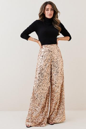 gold sequin wide leg trousers